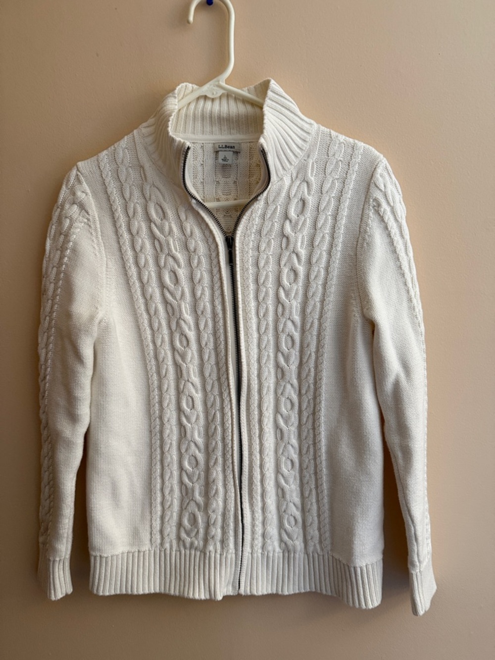L.L. Bean Cream Cable-Knit Zip Cardigan